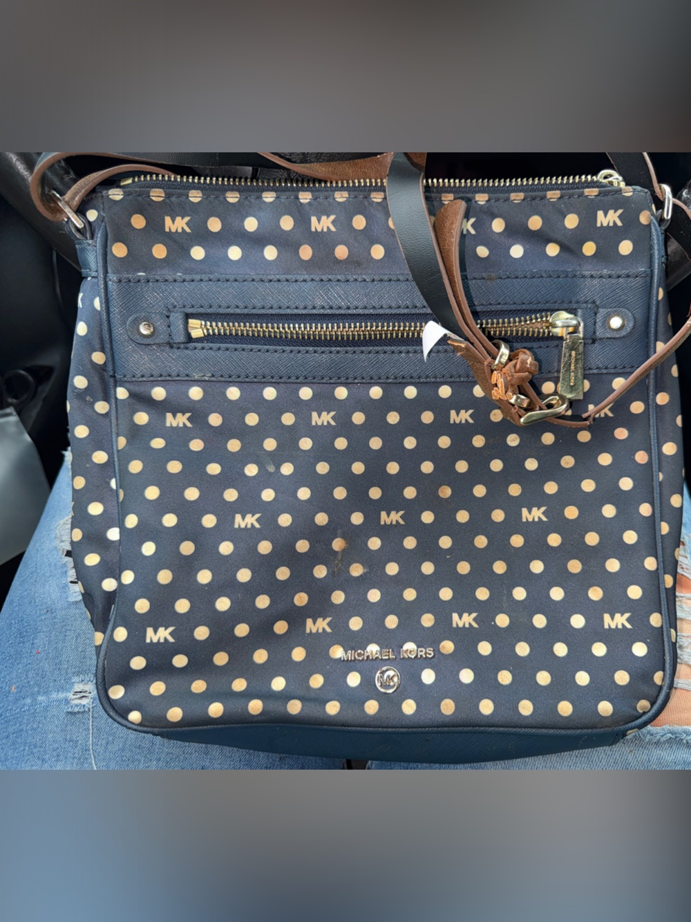 Michael Kors Navy Crossbody with Gold Polka Dots